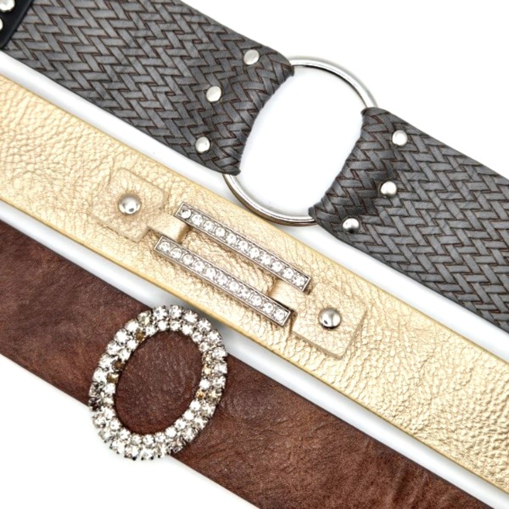 Three Faux Leather Paparazzi Adjustable Snap Bracelets Rhinestone Accents on Two